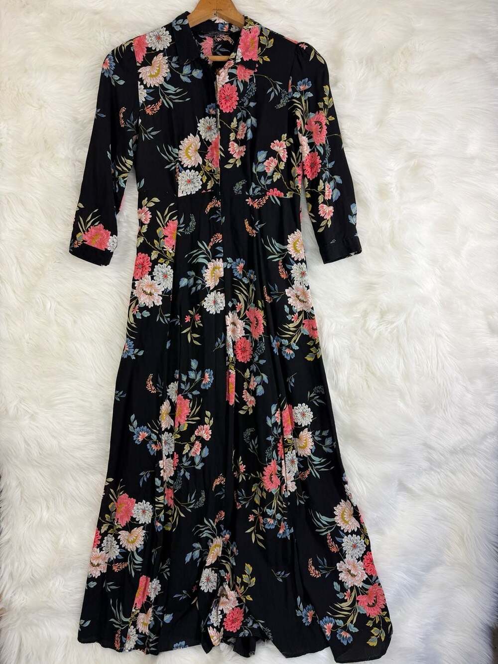 Zara Maxi Dress Size S Black Floral Button Up Shirt Dress